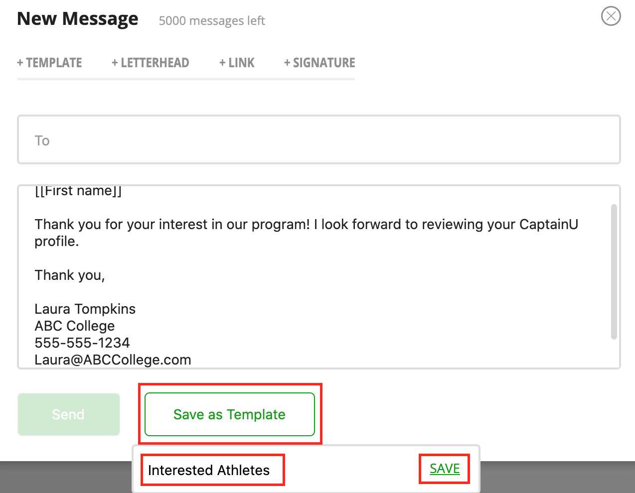 creating email template in captainu college coach account image 9